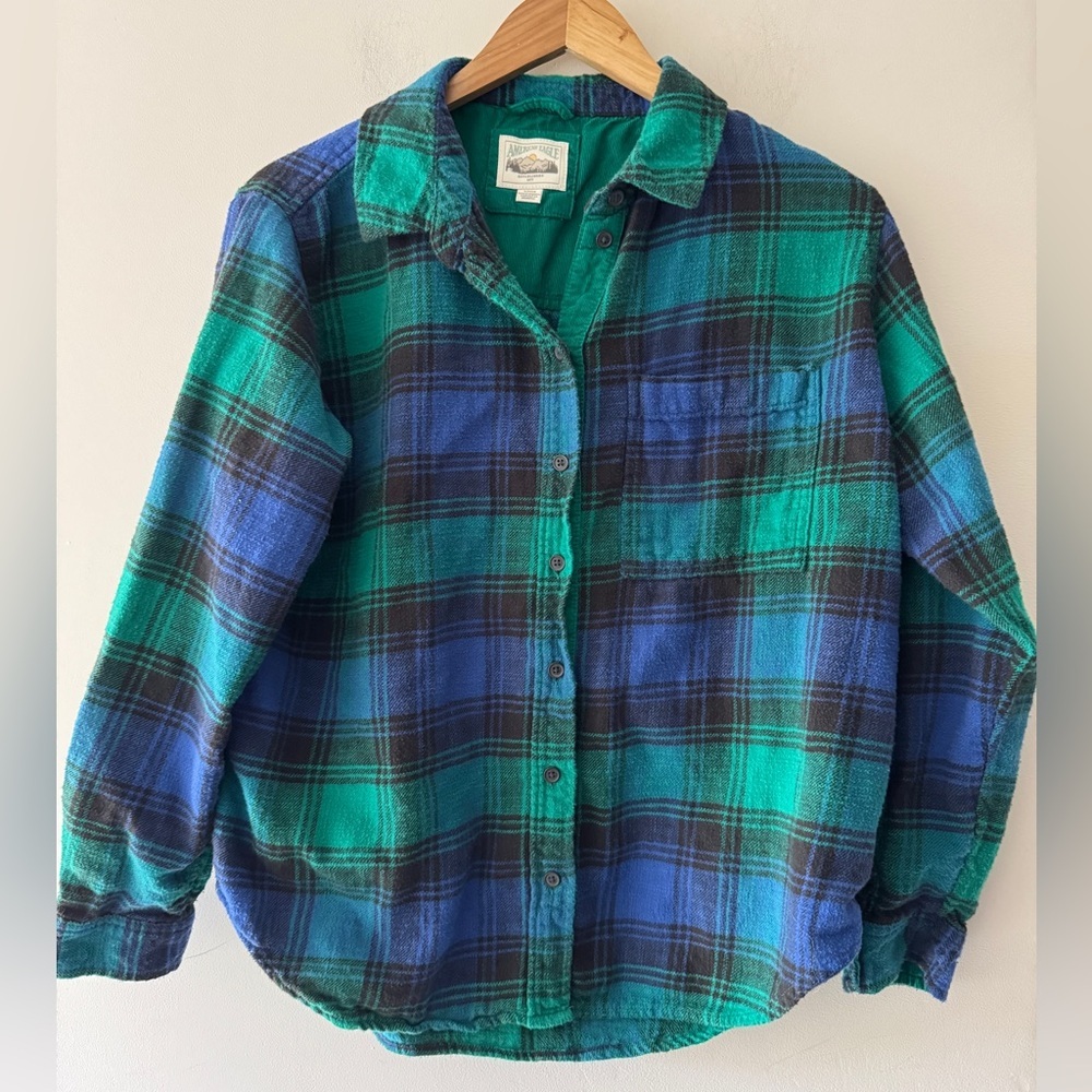 American‎ Eagle Women's Green and Blue Plaid Button Down Shirt 100% Cotton